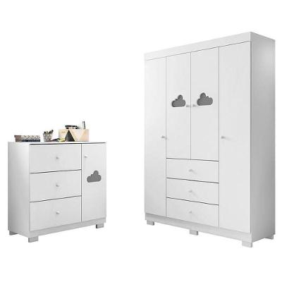 Conjunto de Quarto Infantil Ane com Guarda Roupa 4 Portas e Cômoda em MDF Branco Phoenix Baby