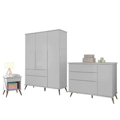 Conjunto de Quarto Infantil Melinda Retrô com Guarda Roupa Cômoda e Mesinha MDF Cinza Phoenix Baby