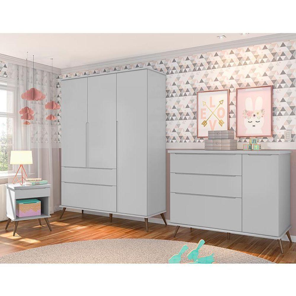 Jogo De Quarto Infantil Retrô Alice Guarda Roupa, Cômoda Com Porta E Mesinha Cinza - Pr Baby Cinza - 2