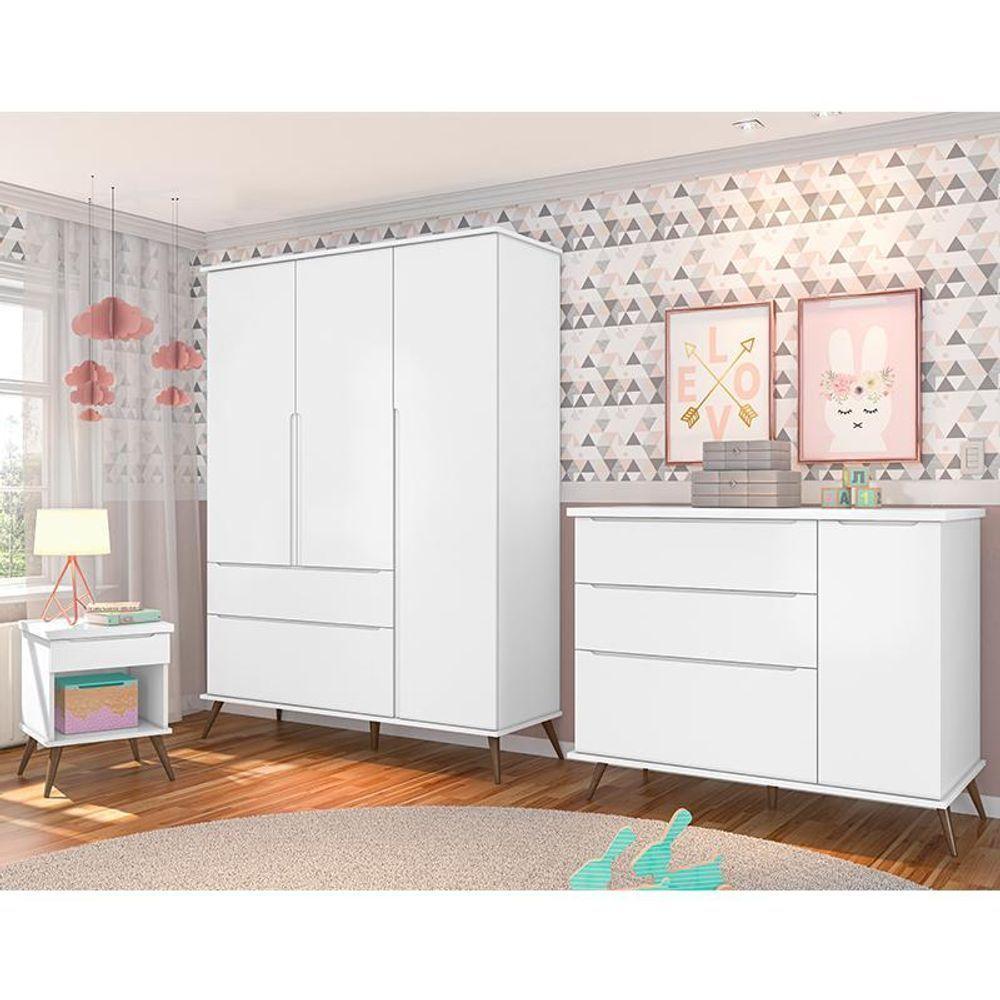 Jogo De Quarto Infantil Retrô Alice Guarda Roupa, Cômoda Com Porta E Mesinha Branco - Pr Baby Branco - 2