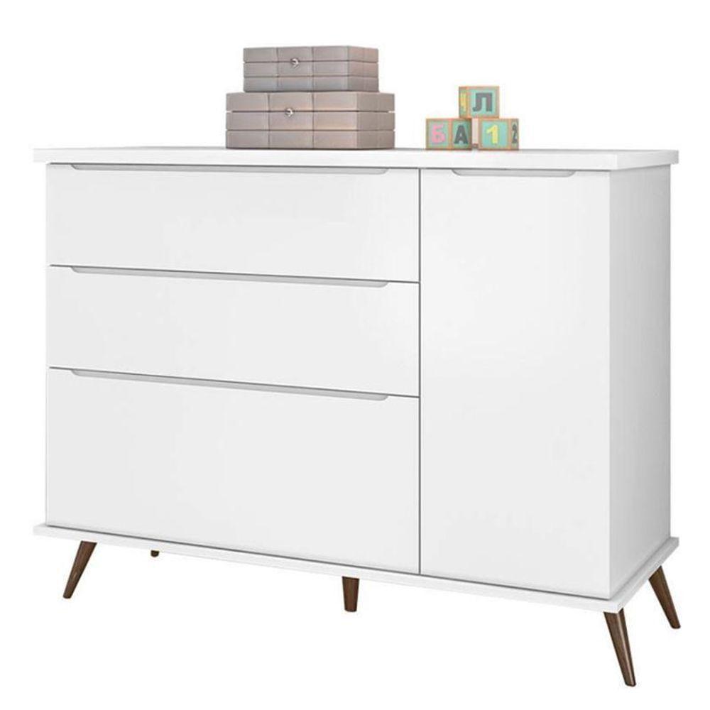 Jogo De Quarto Infantil Retrô Alice Guarda Roupa, Cômoda Com Porta E Mesinha Branco - Pr Baby Branco - 5