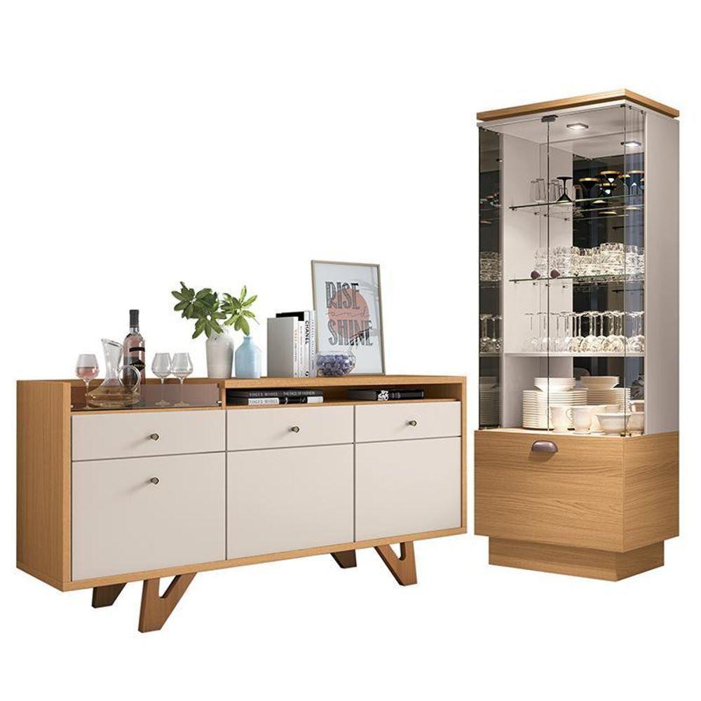 Sala De Jantar Com Cristaleira E Buffet Aparador Diamante Cinamomo-off White - Pr Móveis Cinamomo-off White - 1