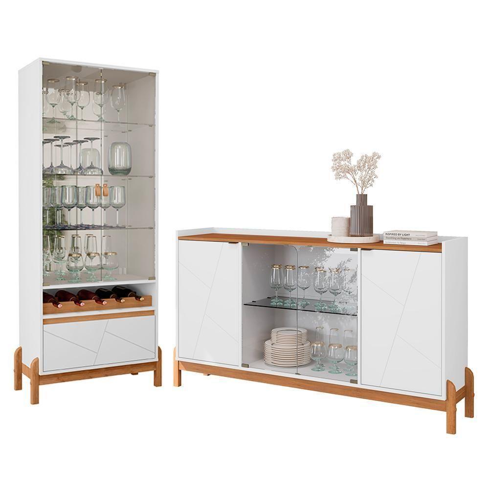 Sala De Jantar Bari Com Cristaleira E Buffet Aparador Branco-cedro - Casa D Branco-cedro - 1
