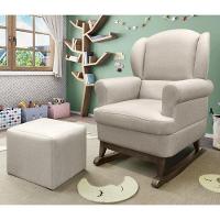 Poltrona De Amamentação Com Balanço Sabrina Pé Canoa E Puff Linho Bege - Phoenix Baby Linho Bege - 2