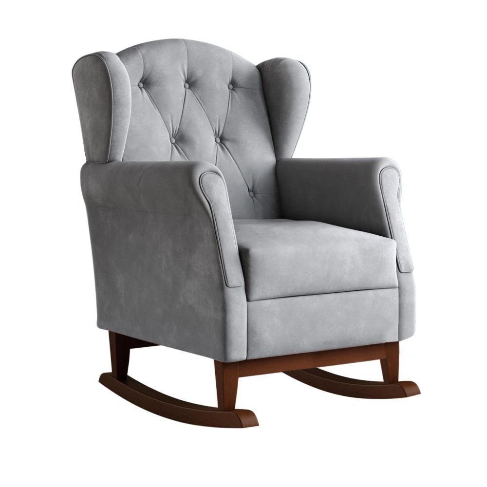 Poltrona De Amamentação Com Balanço Letícia Pé Canoa E Puff Veludo Cinza - Phoenix Baby Veludo Cinza - 2