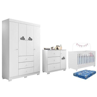 Dormitório Infantil Ane Guarda Roupa, Cômoda E Berço Encanto Branco Com Colchão Physical - Phoenix Baby Branco