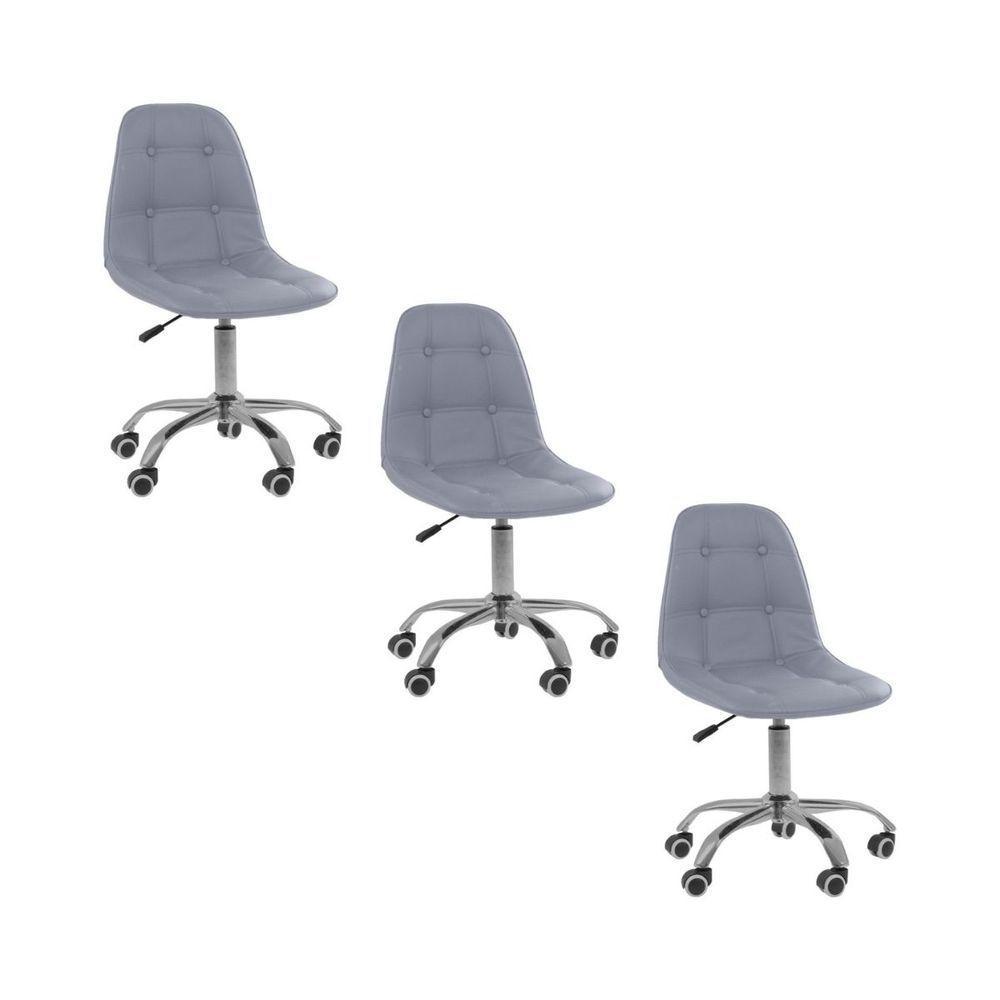 Kit 3 Cadeiras Office Eiffel Botonê Ajustável Base Giratória Cinza - 1