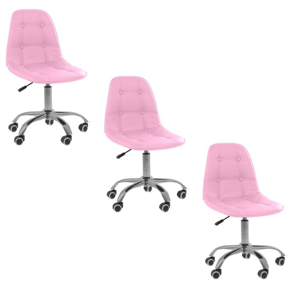 Kit 3 Cadeiras Office Eiffel Botonê Ajustável Base Giratória Rosa - 1