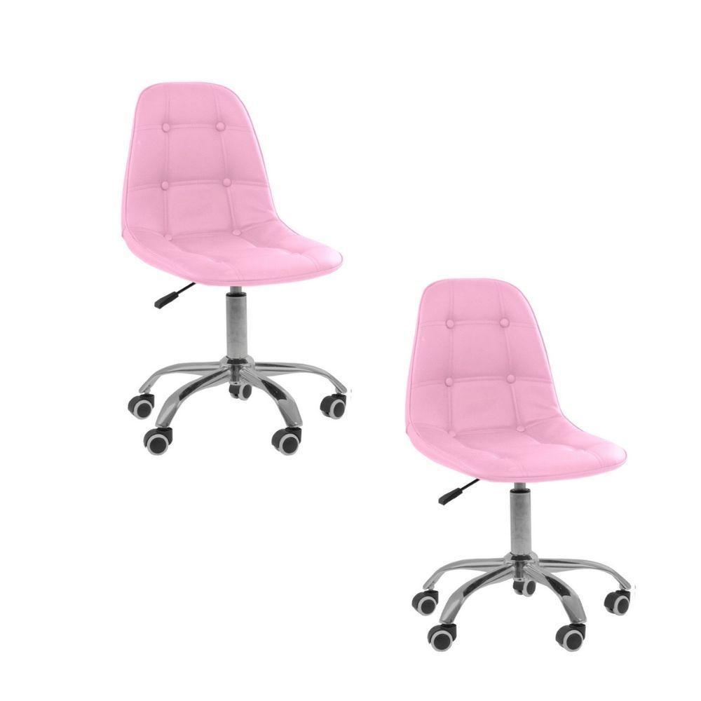 Kit 2 Cadeiras Office Eiffel Botonê Ajustável Base Giratória Rosa - 1