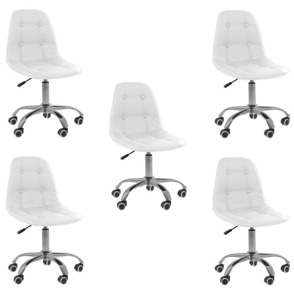 Kit 5 Cadeiras Office Eiffel Botonê Ajustável Base Giratória Branco - 1