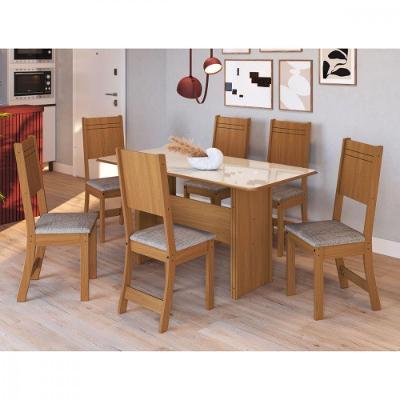 Conjunto de Mesa Dublin 6 Lugares Tampo em MDP com Cadeiras Estofadas Freijo-off White-linho Indékes