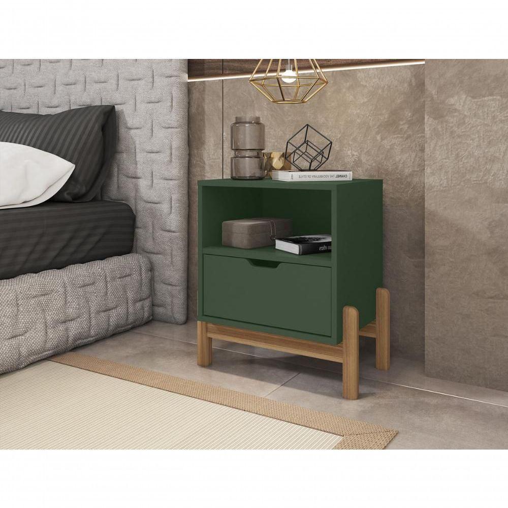 Mesa De Cabeceira C/ Nicho E Gaveteiro Porta Itens Aurora Verde Oliva - 1