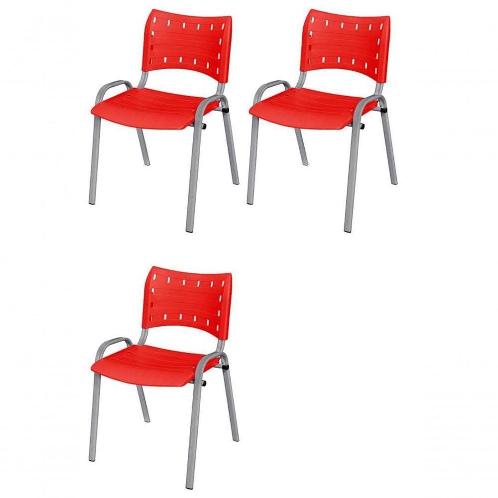 Cadeira Iso Base Cinza Escola, Escritório Vermelho Kit 3 Un - 1