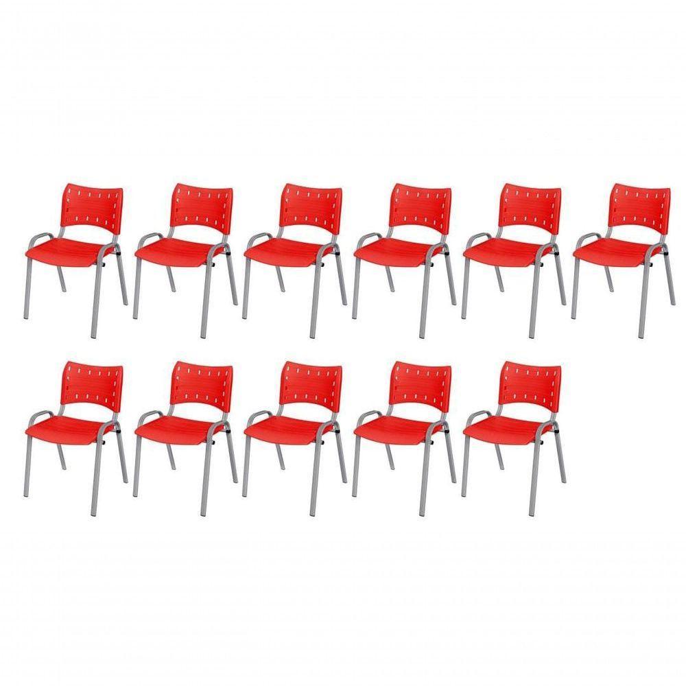 Cadeira Iso Base Cinza Escola, Escritório Vermelho Kit 11 Un - 1