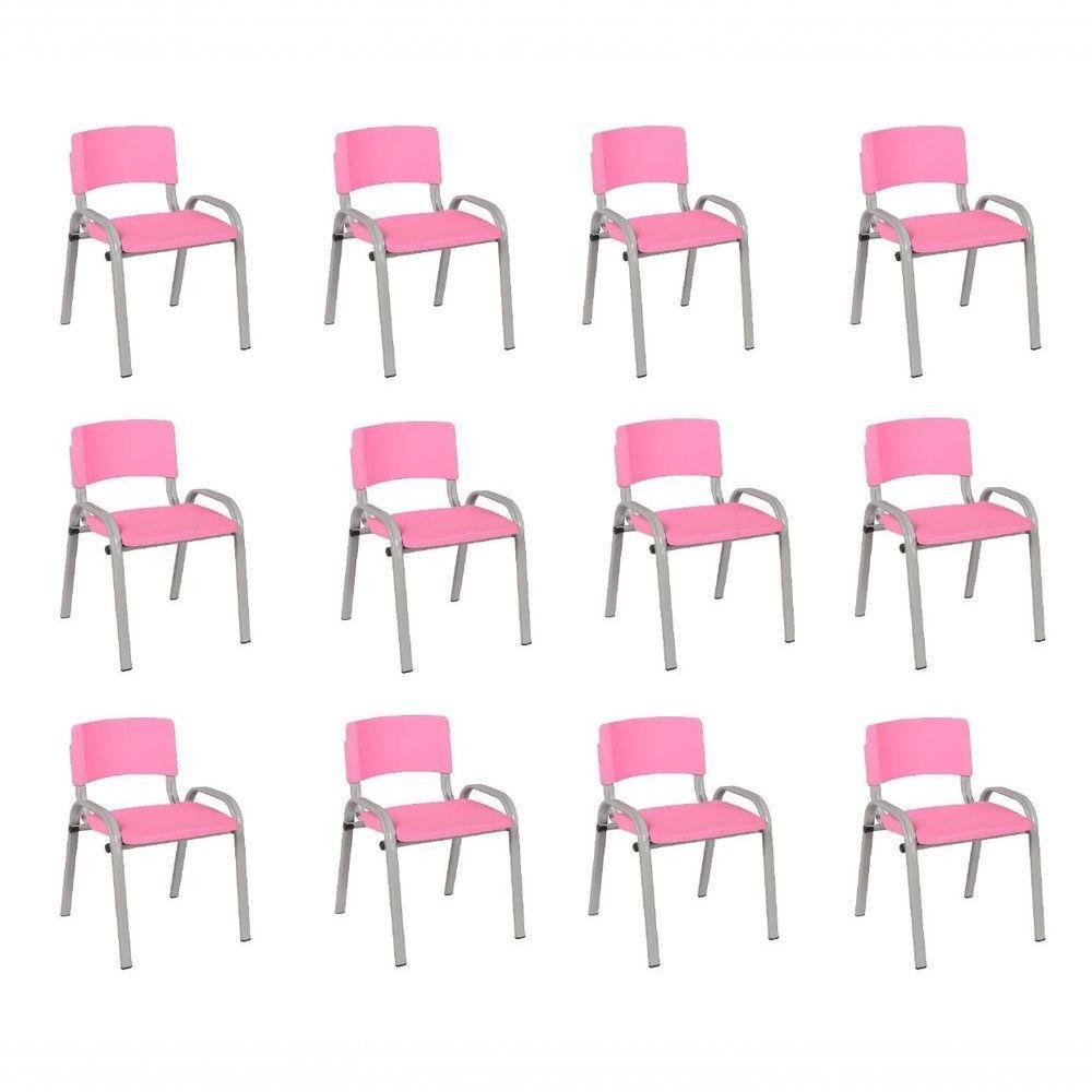 Kit 12 Cadeira Iso Infantil Creche, Escola Base Cinza Rosa - 1