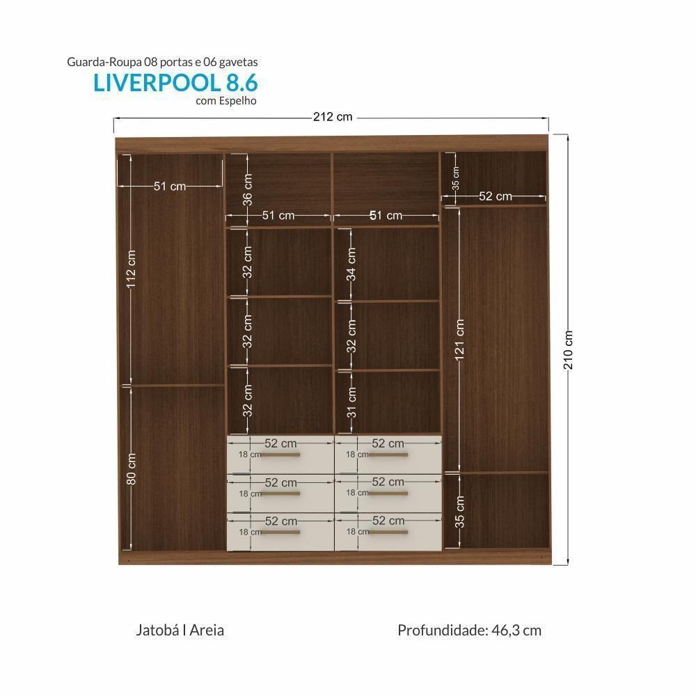Guarda Roupa Casal Liverpool 8.6 8 Portas 6 Gavetas Jatobá-areia Com Espelho - Santos Andirá Jatobá-areia - 4