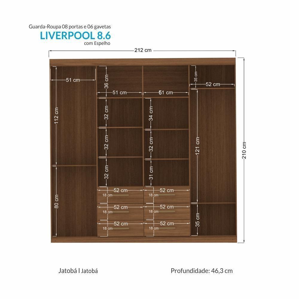 Guarda Roupa Casal Liverpool 8.6 8 Portas 6 Gavetas Jatobá Com Espelho - Santos Andirá Jatobá - 4