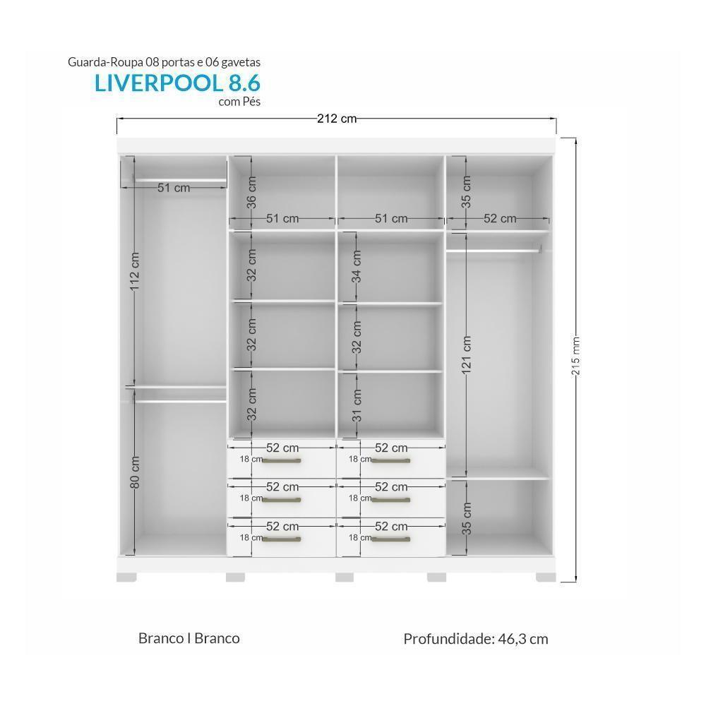 Guarda Roupa Casal Liverpool 8.6 8 Portas 6 Gavetas Branco Com Pés - Santos Andirá Branco - 4
