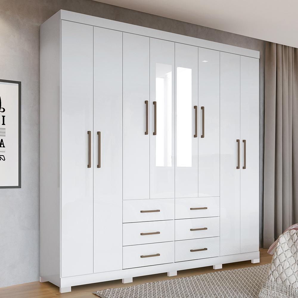 Guarda Roupa Casal Liverpool 8.6 8 Portas 6 Gavetas Branco Com Espelho E Pés - Santos Andirá Branco - 2
