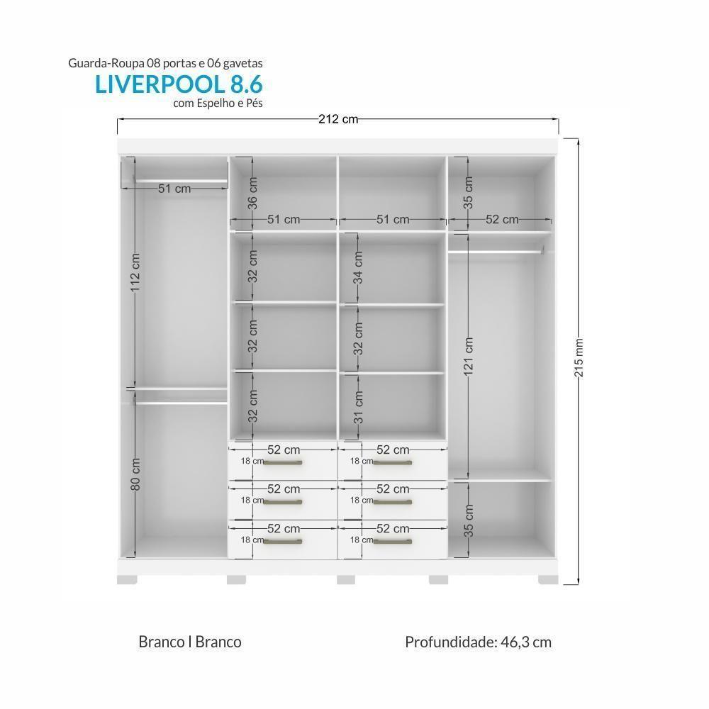 Guarda Roupa Casal Liverpool 8.6 8 Portas 6 Gavetas Branco Com Espelho E Pés - Santos Andirá Branco - 4