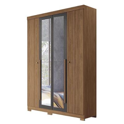Guarda Roupa Solteiro Buriti Ripado 4 Portas 2 Gavetas Jatobá-Grafite com Espelho