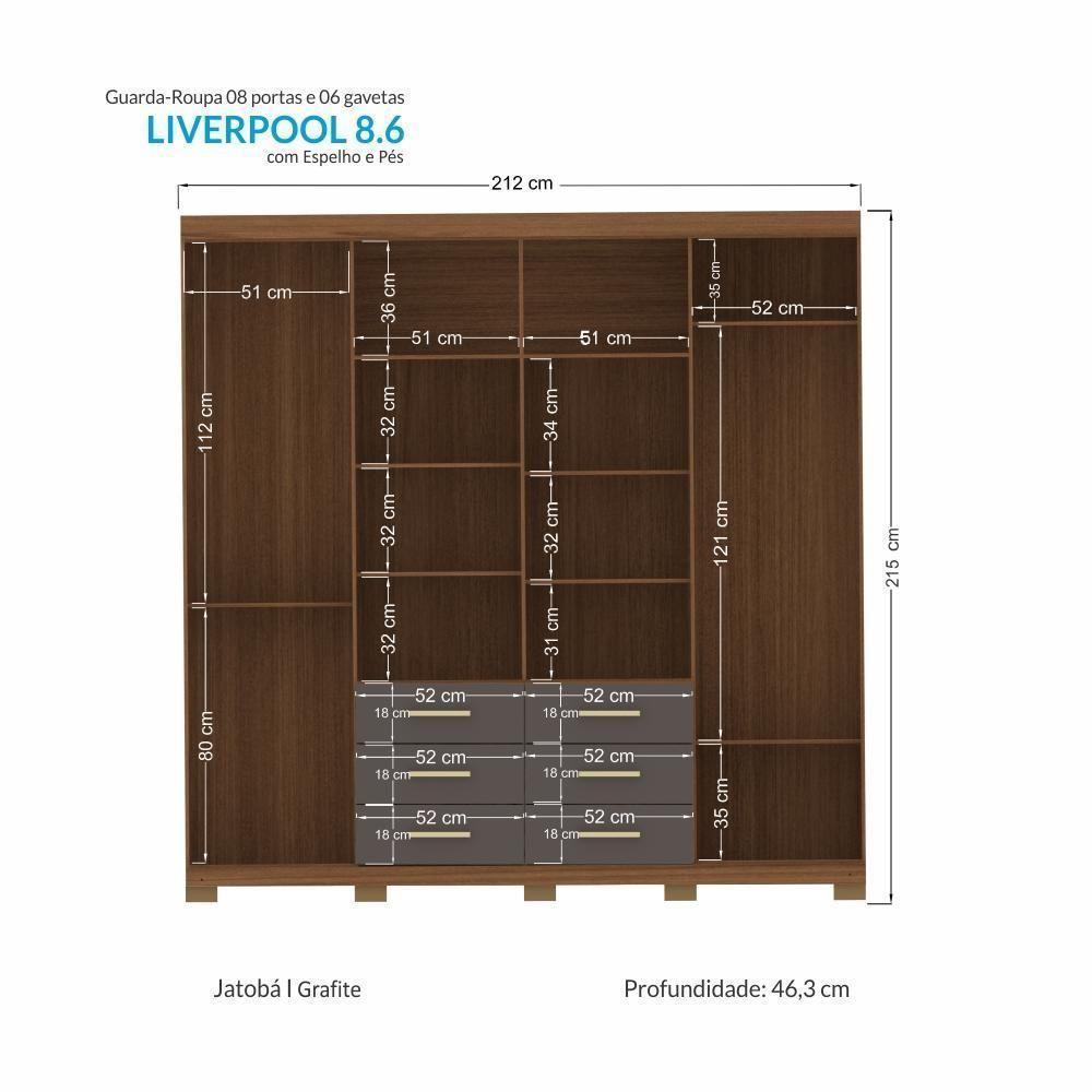 Guarda Roupa Casal Liverpool 8.6 8 Portas 6 Gavetas Jatobá-grafite Com Espelho E Pés - Santos Andirá Jatobá-grafite - 4