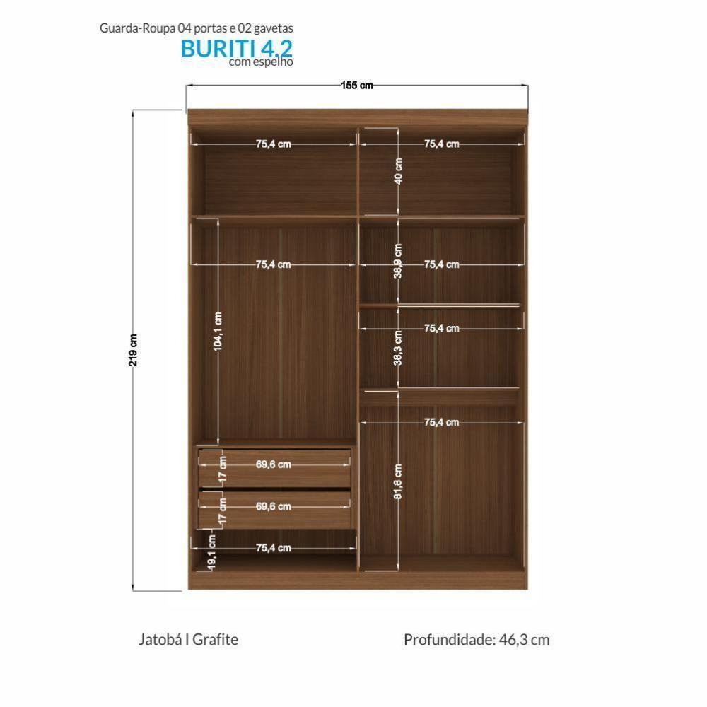 Guarda Roupa Solteiro Buriti Ripado 4 Portas Jatobá-grafite Com Espelho - Santos Andirá Jatobá-grafite - 4