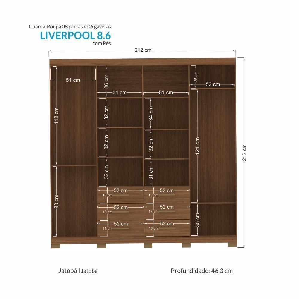 Guarda Roupa Casal Liverpool 8.6 8 Portas 6 Gavetas Jatobá Com Pés - Santos Andirá Jatobá - 4