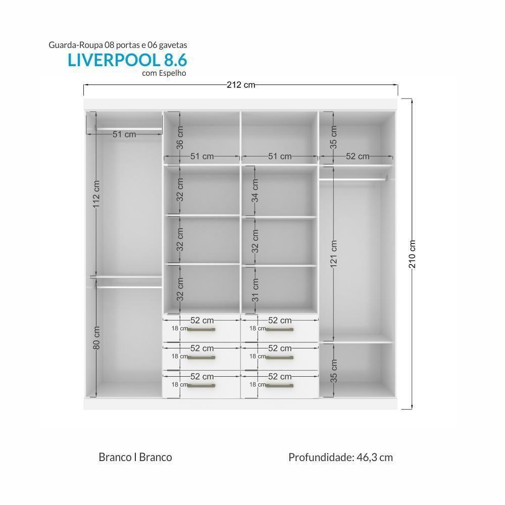 Guarda Roupa Casal Liverpool 8.6 8 Portas 6 Gavetas Branco Com Espelho - Santos Andirá Branco - 4
