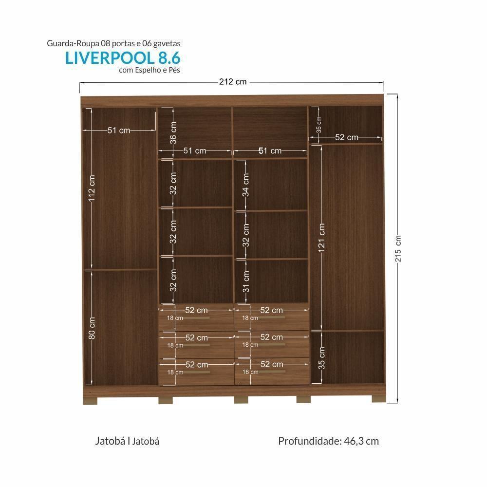 Guarda Roupa Casal Liverpool 8.6 8 Portas 6 Gavetas Jatobá Com Espelho E Pés - Santos Andirá Jatobá - 4