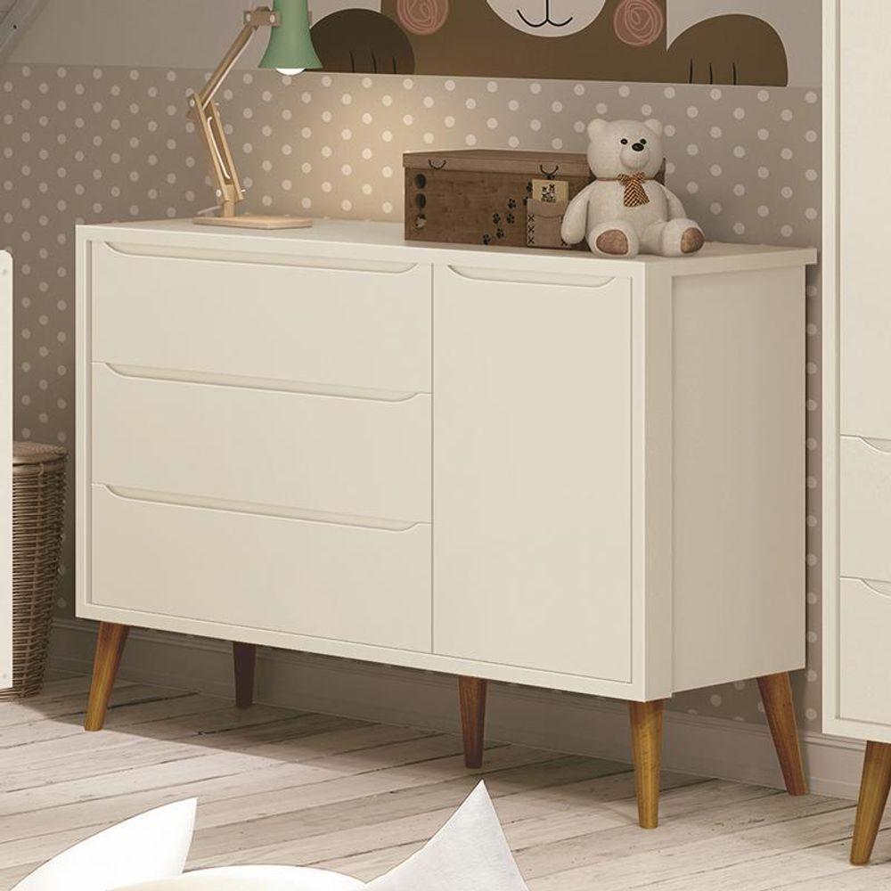 Cômoda Infantil 1 Porta E 3 Gavetas Theo Retrô Areia Fosco Com Pés Amadeirado - Reller Móveis Areia Fosco - 1