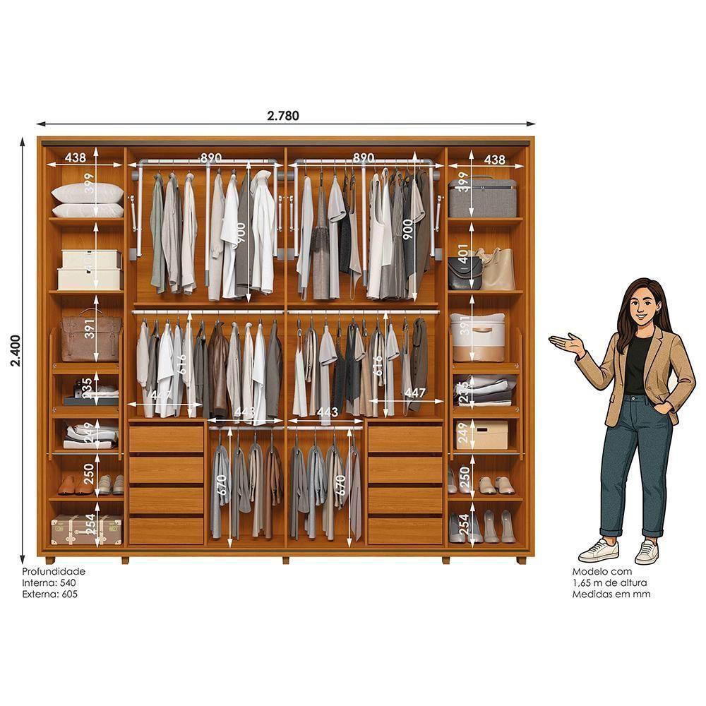 Guarda Roupa Casal Dalí Ripado 2 Portas Deslizantes Cinamomo Com 8 Espelhos - Madetec Cinamomo - 5
