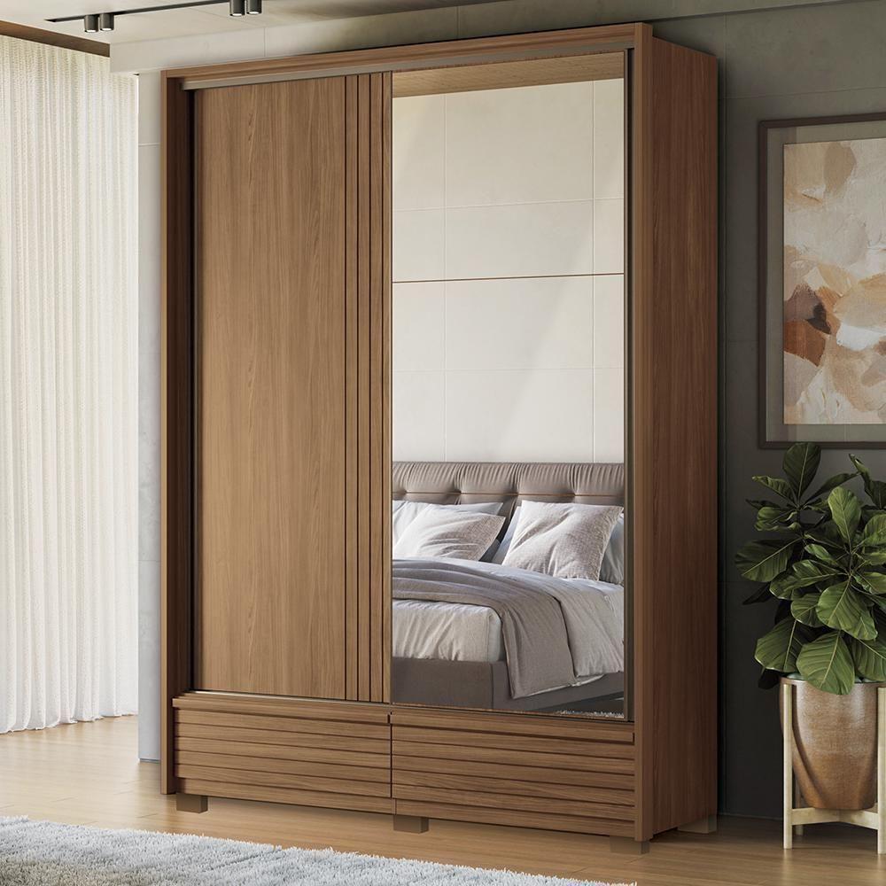 Guarda Roupa Democrata 2 Portas Deslizantes Flex Jatobá Com Espelho E Pés - Santos Andirá Jatobá - 4