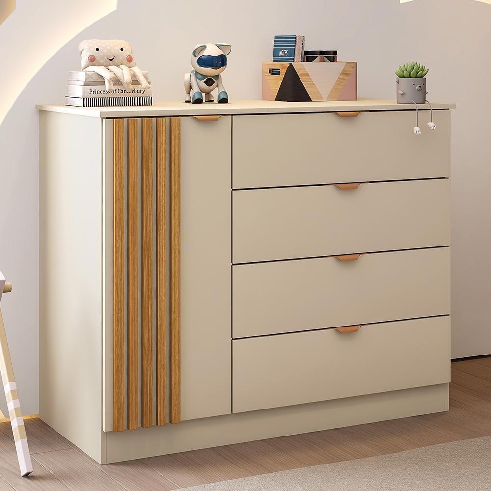 Cômoda Infantil Ayla 1 Porta E 4 Gavetas Off White Acetinado - Phoenix Baby Off White Acetinado - 2