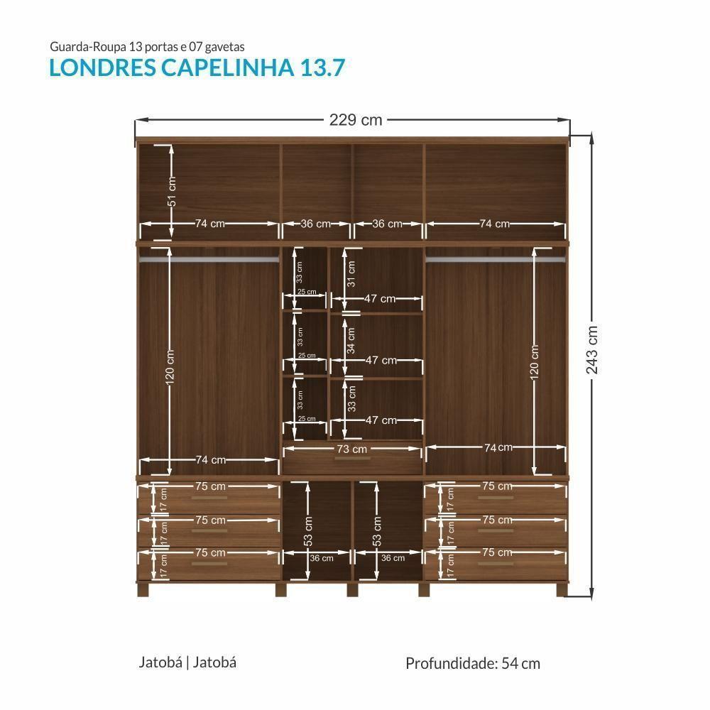 Guarda Roupa Casal Londres Capelinha 13.7 13 Portas 7 Gavetas Jatobá Com Espelho - Santos Andirá Jatobá - 5