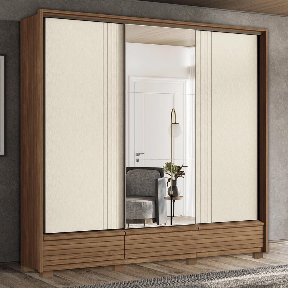 Guarda Roupa Democrata 3 Portas Deslizantes Flex Jatobá-areia Com Espelho E Pés - Santos Andirá Jatobá-areia - 2