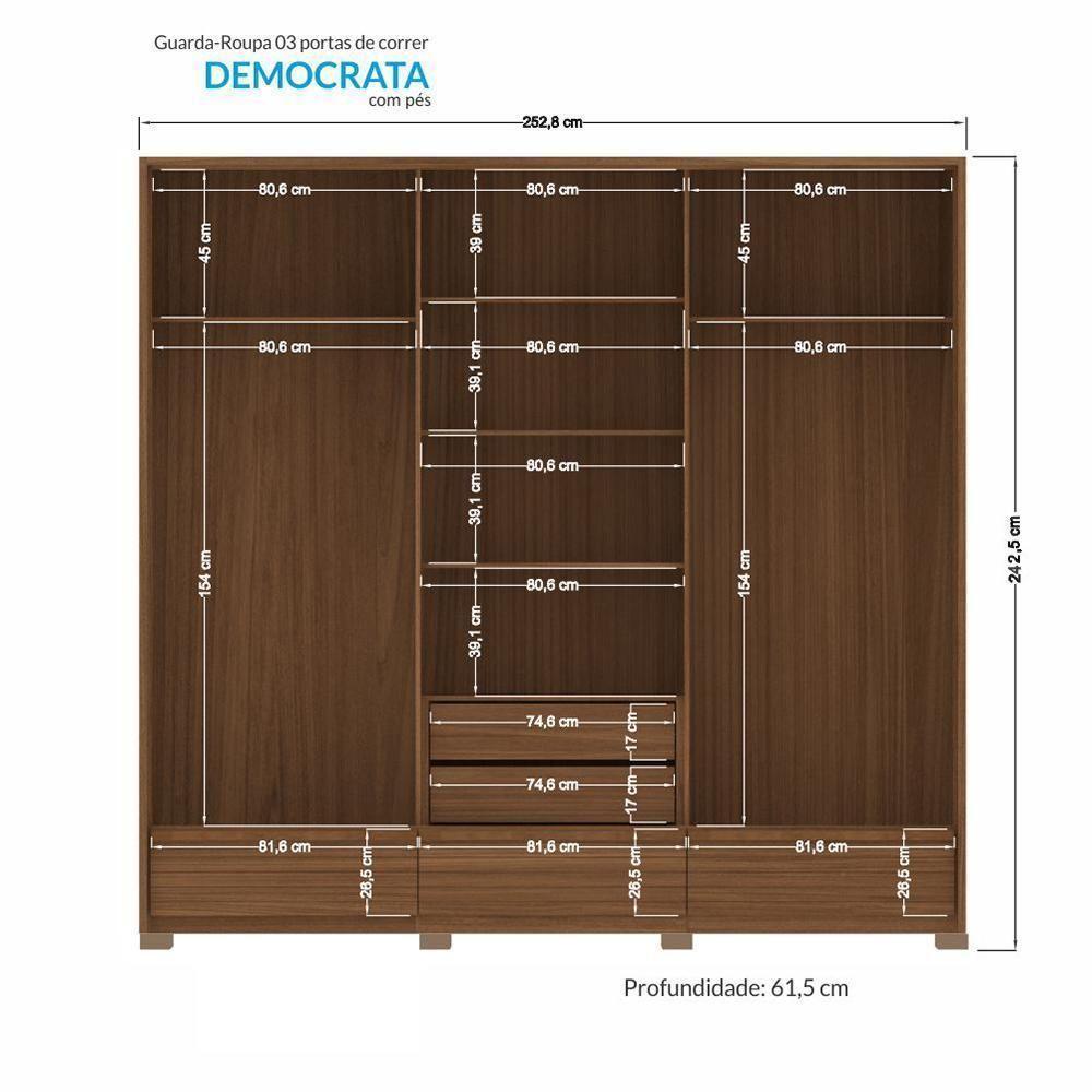 Guarda Roupa Democrata 3 Portas Deslizantes Flex Jatobá-areia Com Espelho E Pés - Santos Andirá Jatobá-areia - 5