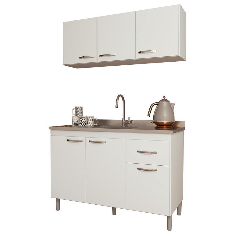 Kit Pop 120cm Com Armário Aéreo E Balcão Branco Sem Tampo - Indékes Branco - 1