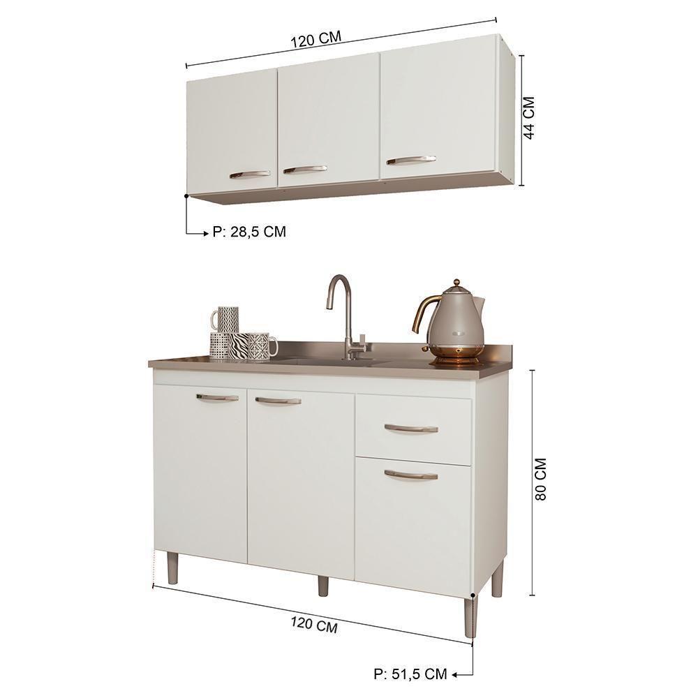 Kit Pop 120cm Com Armário Aéreo E Balcão Branco Sem Tampo - Indékes Branco - 3