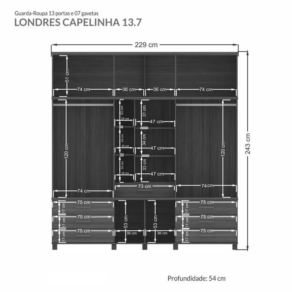 Guarda Roupa Casal Londres Capelinha 13.7 13 Portas 7 Gavetas Jatobá-areia Com Espelho - Santos Andirá Jatobá-areia - 5