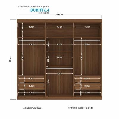 Guarda Roupa Casal Buriti Ripado 6 Portas Bater 4 Gavetas Jatobá-Grafite