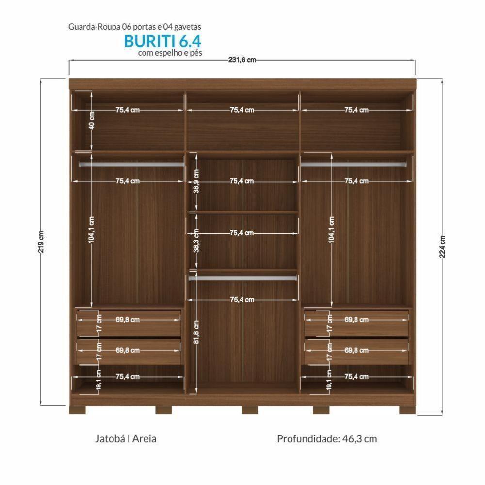 Guarda Roupa Casal Buriti Ripado 6 Portas Jatobá-areia Com Espelho E Pés - Santos Andirá Jatobá-areia - 4