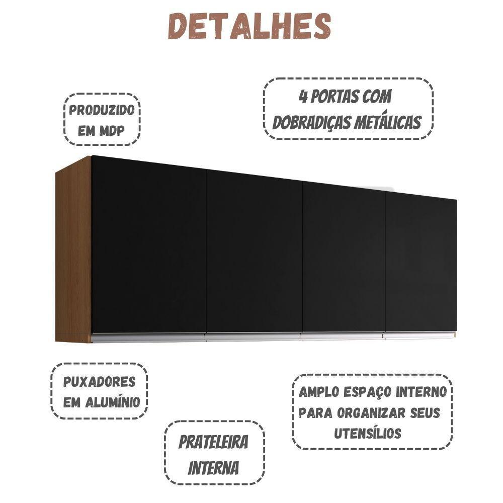 Armário Aéreo Andréia 150 Cm 4 Portas Amendoa Preto Ajl - 3