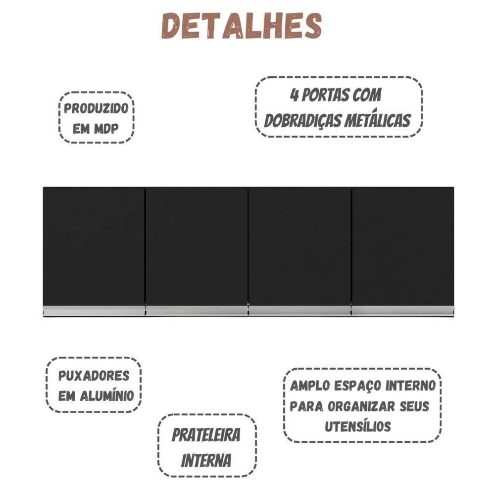 Armário Aéreo Andréia 150 Cm 4 Portas Preto Ajl - 3