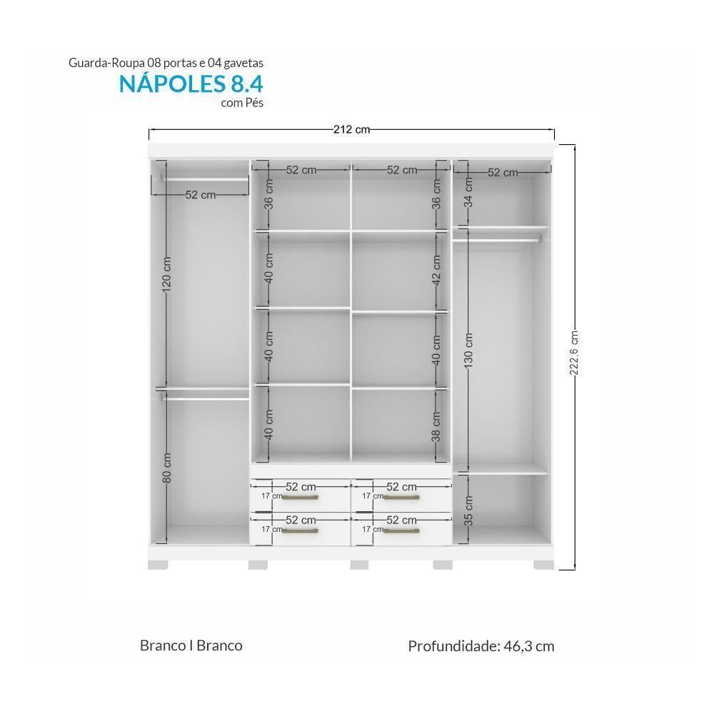 Guarda Roupa Casal Nápoles 8.4 8 Portas 4 Gavetas Branco Com Pés - Santos Andirá Branco - 4