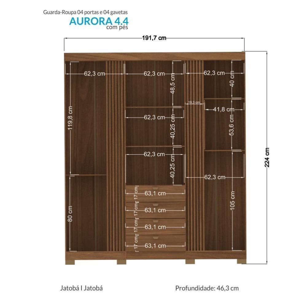 Guarda Roupa Aurora 4.4 Ripado 4 Portas E 4 Gavetas Jatobá Com Pés - Santos Andirá Jatobá - 3