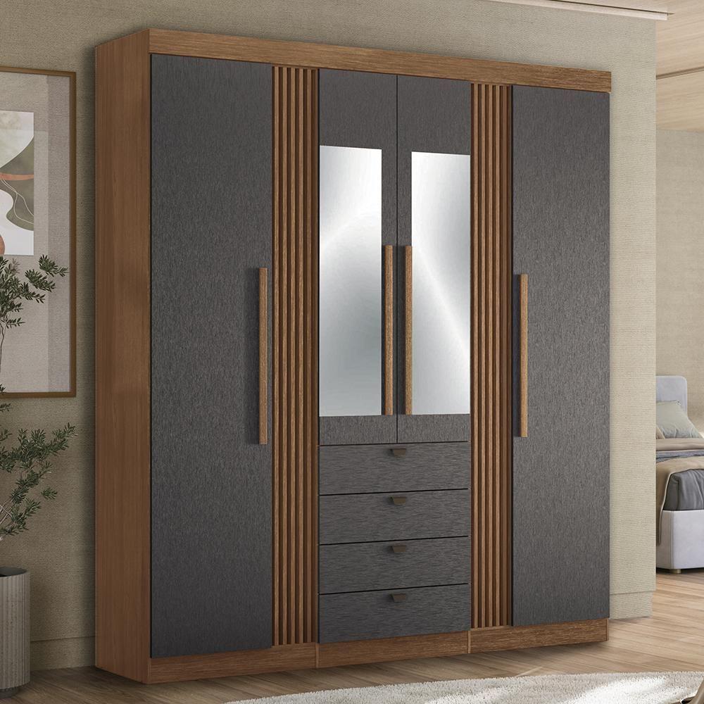 Guarda Roupa Aurora 4.4 Ripado 4 Portas E 4 Gavetas Jatobá-grafite Com Espelho - Santos Andirá Jatobá-grafite - 2
