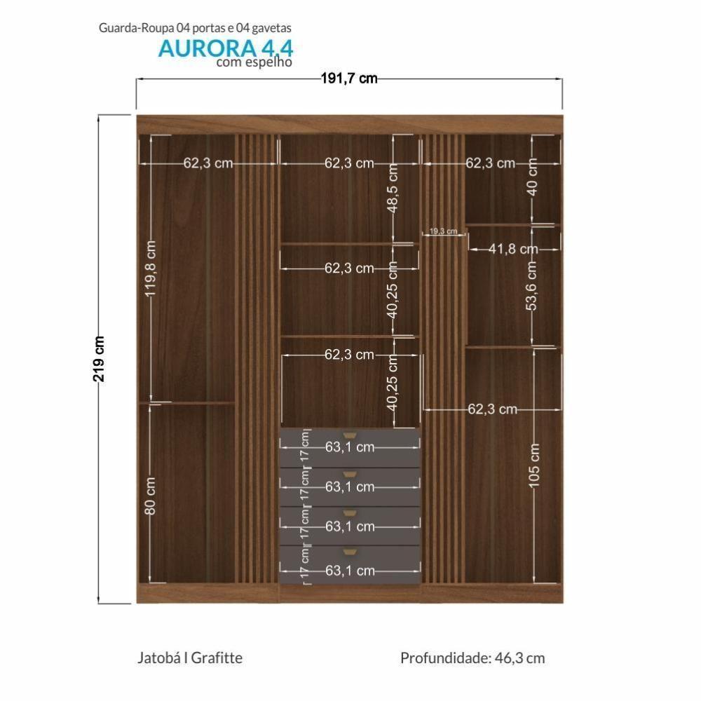 Guarda Roupa Aurora 4.4 Ripado 4 Portas E 4 Gavetas Jatobá-grafite Com Espelho - Santos Andirá Jatobá-grafite - 4