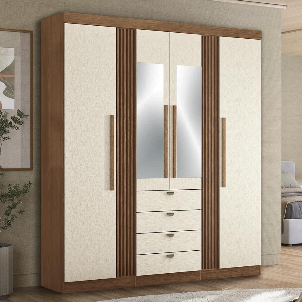 Guarda Roupa Aurora 4.4 Ripado 4 Portas E 4 Gavetas Jatobá-areia Com Espelho - Santos Andirá Jatobá-areia - 2