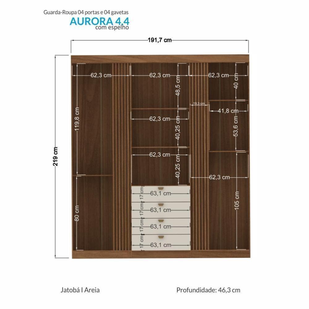 Guarda Roupa Aurora 4.4 Ripado 4 Portas E 4 Gavetas Jatobá-areia Com Espelho - Santos Andirá Jatobá-areia - 4
